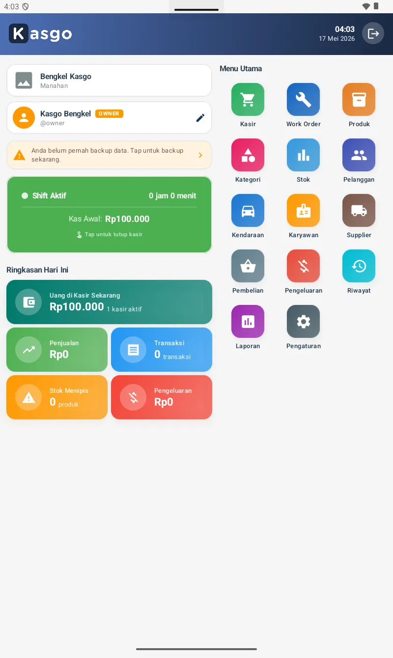 Home Kasgo Bengkel saat shift aktif — shift card hijau dengan 'Shift Aktif', durasi, Kas Awal, plus Ringkasan tambahan 'Uang di Kasir Sekarang'