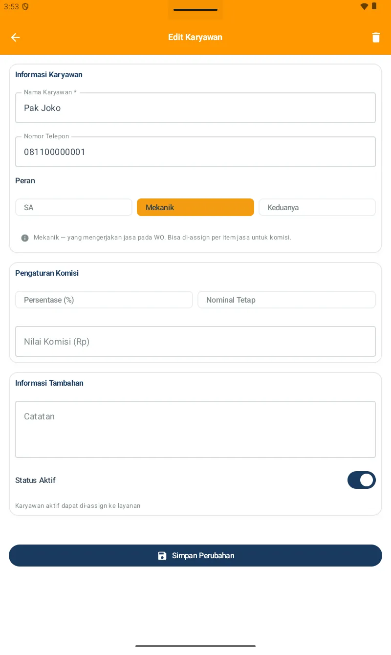 Form Edit Karyawan dengan Nama, Telepon, pill Role (SA/Mekanik/Keduanya), Pengaturan Komisi (Persentase/Nominal), Catatan, Status Aktif