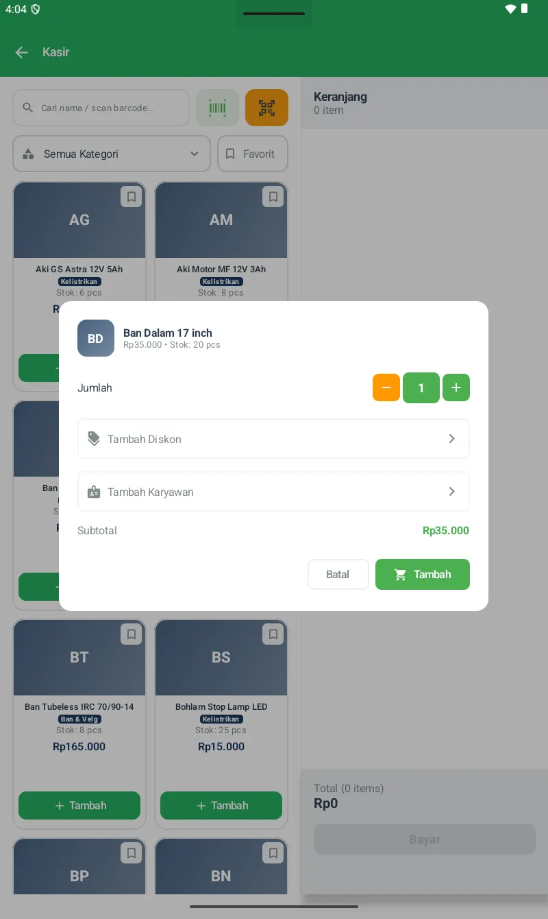 Dialog Tambah produk dengan field Jumlah, Tambah Diskon, Tambah Karyawan (bengkel-specific!), Subtotal, tombol Tambah