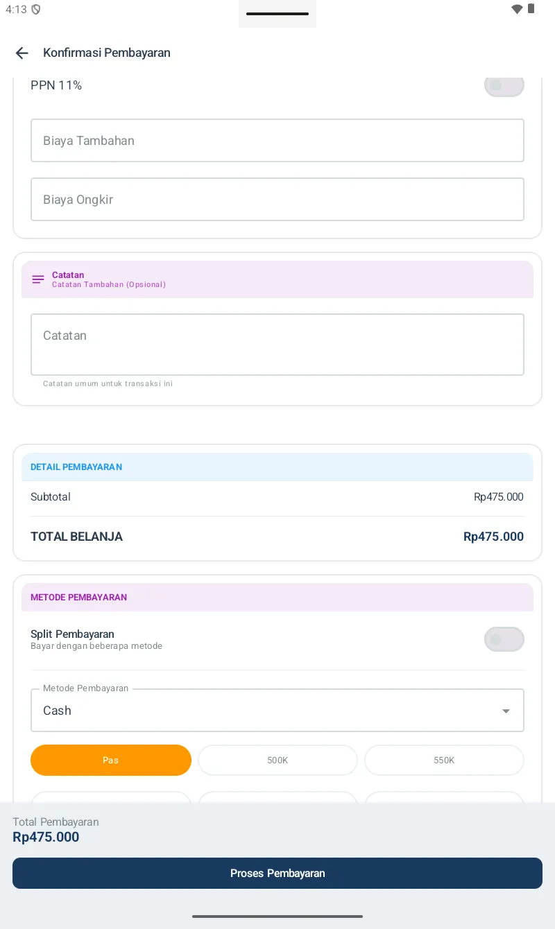 Konfirmasi Pembayaran bagian bawah: Detail Pembayaran (Subtotal/Total Belanja), Metode Pembayaran (Cash + quick buttons Pas/500K/550K), Proses Pembayaran