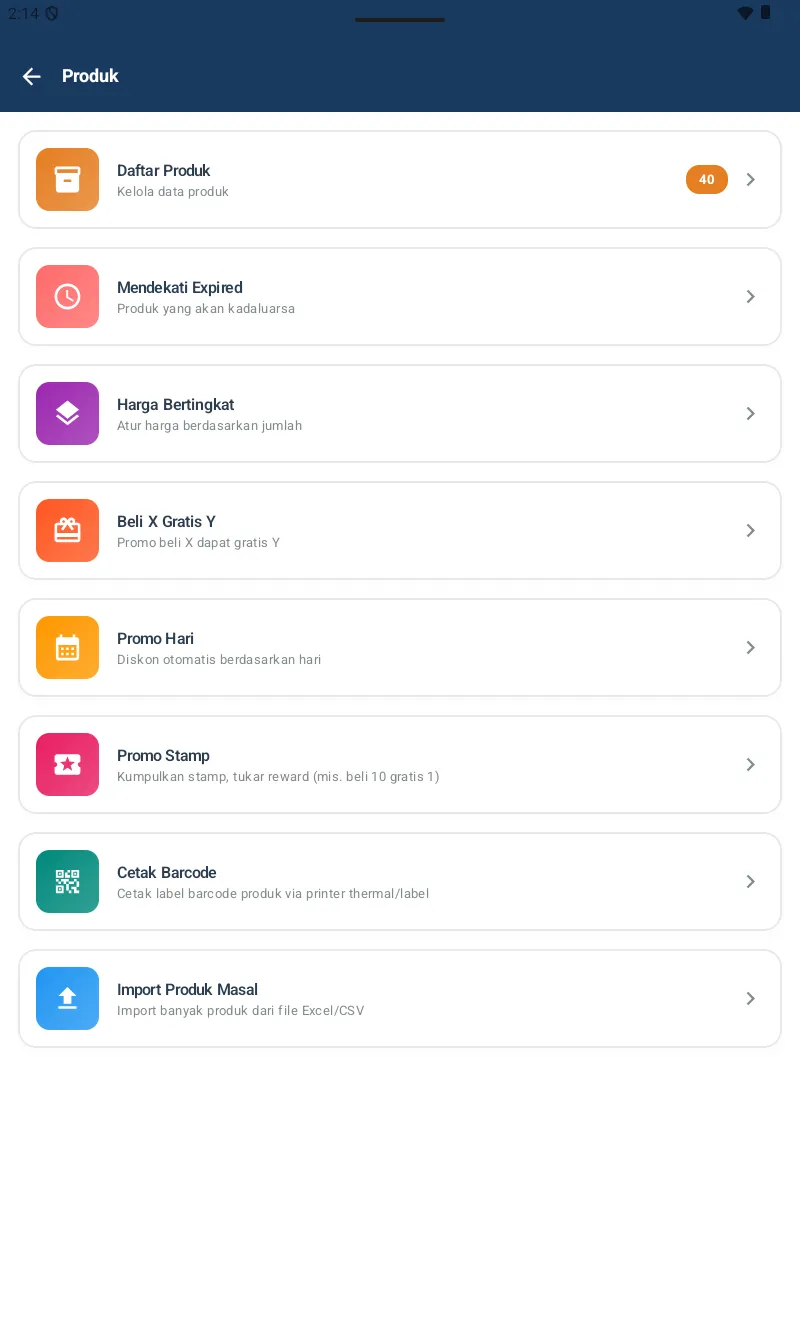 Hub Produk dengan 8 sub-menu: Daftar Produk, Mendekati Expired, Harga Bertingkat, Beli X Gratis Y, Promo Hari, Promo Stamp, Cetak Barcode, Import Produk Masal