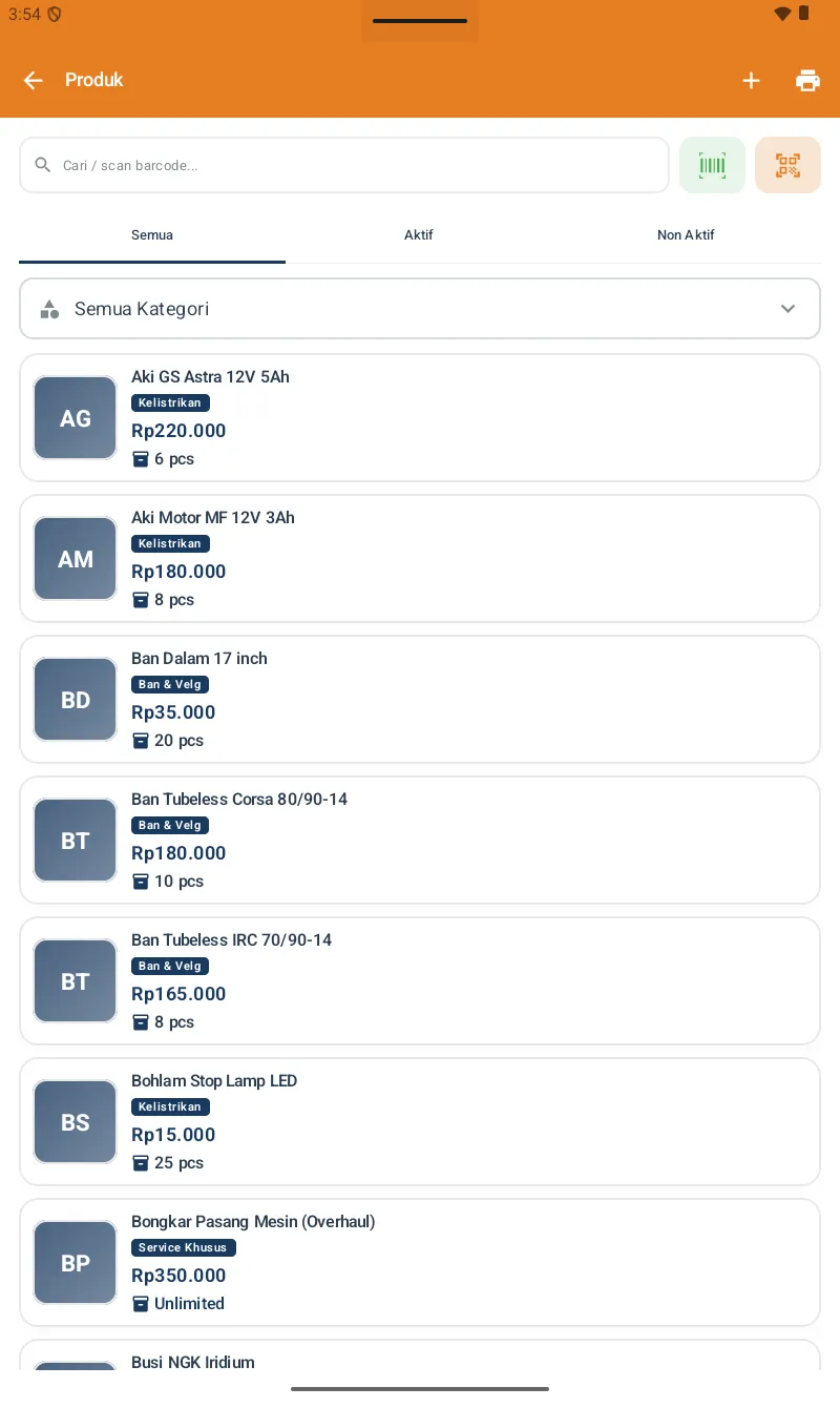 Daftar Produk dengan list jasa (Bongkar Pasang Mesin/Overhaul - Service Khusus, Unlimited) dan sparepart (Aki, Ban Tubeless, Bohlam, dll) dengan stok pcs