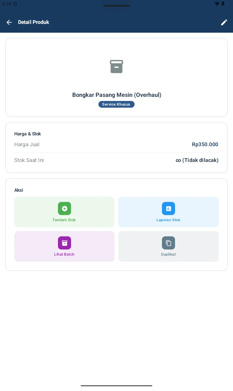 Detail Produk untuk Jasa (Bongkar Pasang Mesin Overhaul): Service Khusus, Harga Jual Rp350.000, Stok Saat Ini โ (Tidak dilacak), Aksi Tambah Stok/Laporan/Lihat Batch/Duplikat
