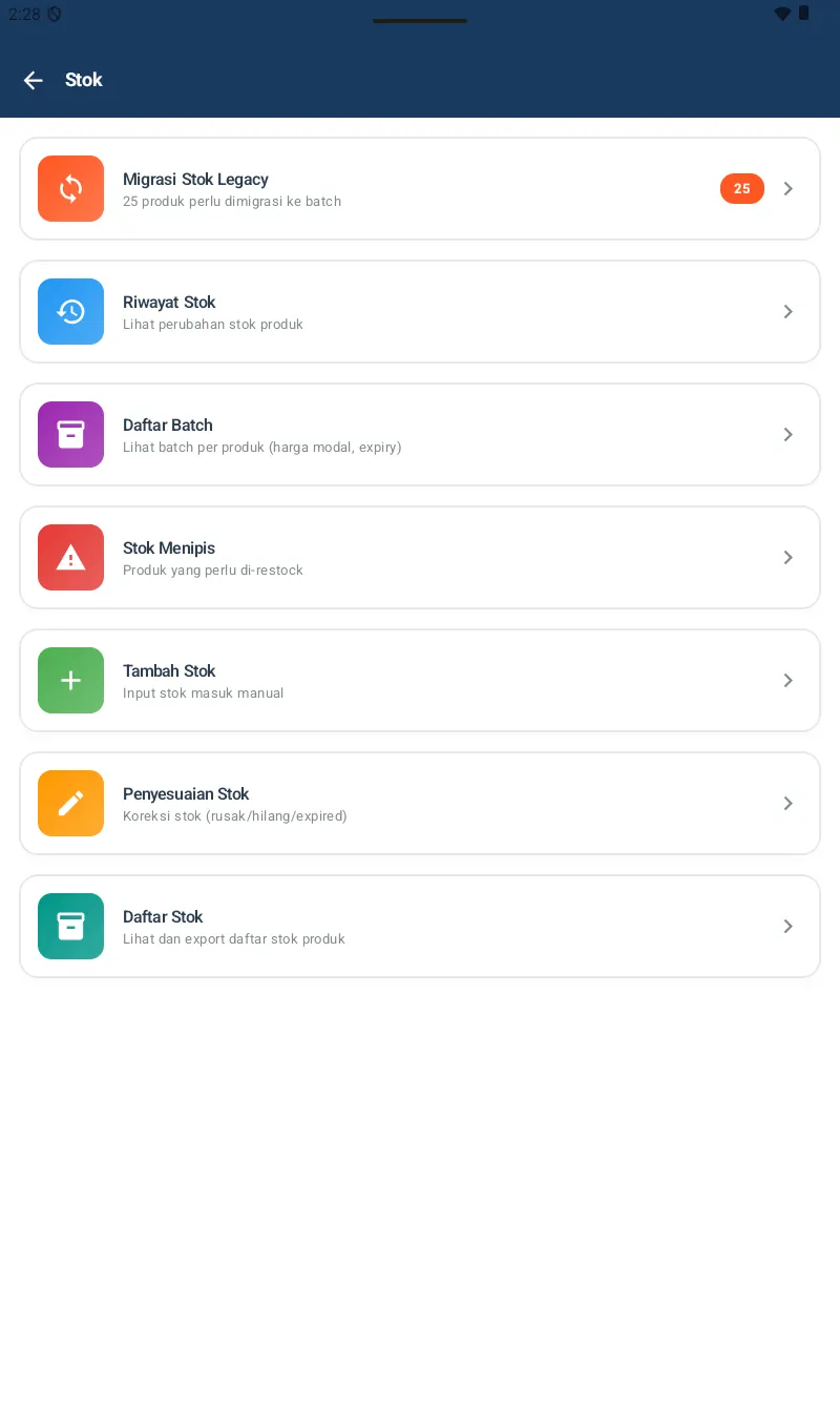 Hub Stok dengan 7 sub-menu: Migrasi Stok Legacy, Riwayat Stok, Daftar Batch, Stok Menipis, Tambah Stok, Penyesuaian Stok, Daftar Stok