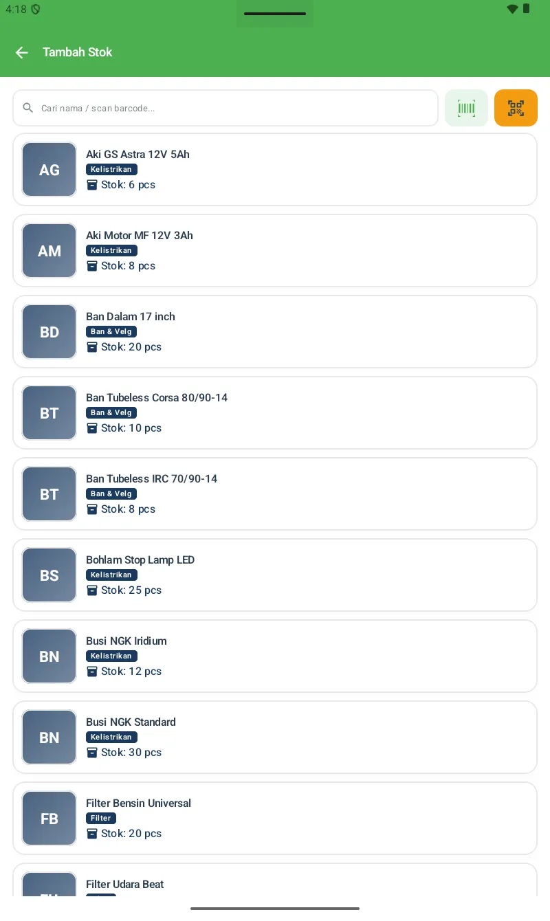 Layar Tambah Stok dengan list semua sparepart, search bar + scan barcode, tampilkan kategori chip & stok current