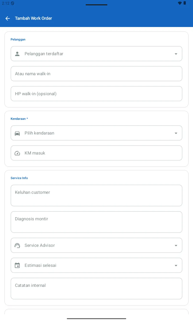Form Work Order — Pelanggan terdaftar/walk-in, Kendaraan, KM masuk, Keluhan customer, Diagnosis montir, Service Advisor, Estimasi selesai, Catatan internal