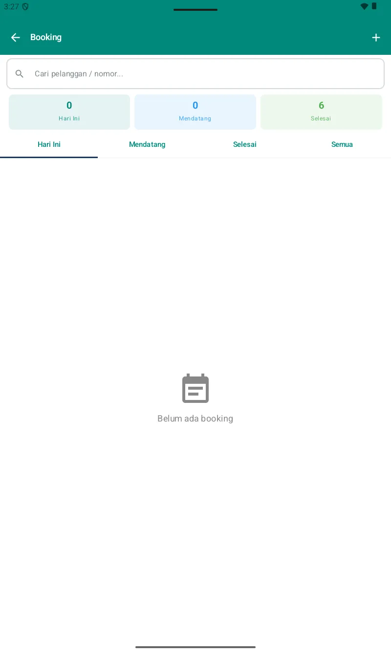 Halaman Booking — tabs Hari Ini/Mendatang/Selesai/Semua dengan counter, search bar, tombol + di kanan atas
