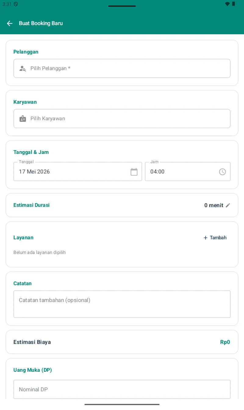 Form Buat Booking Baru — Pelanggan*, Karyawan, Tanggal & Jam, Estimasi Durasi, Layanan, Catatan, Estimasi Biaya, Uang Muka (DP)