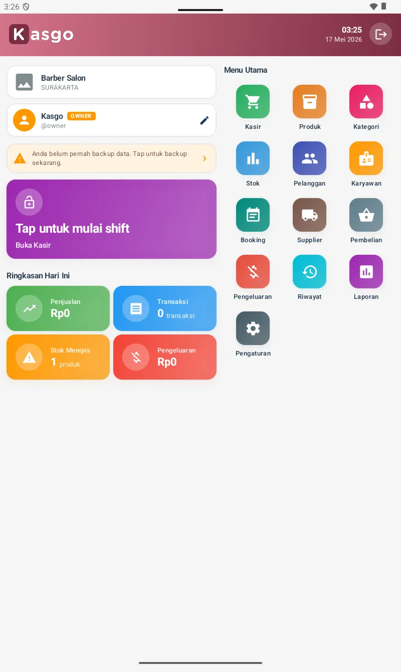 Halaman Home KasgoCare — header bengkel/salon, shift card ungu, ringkasan hari ini, dan grid 13 menu
