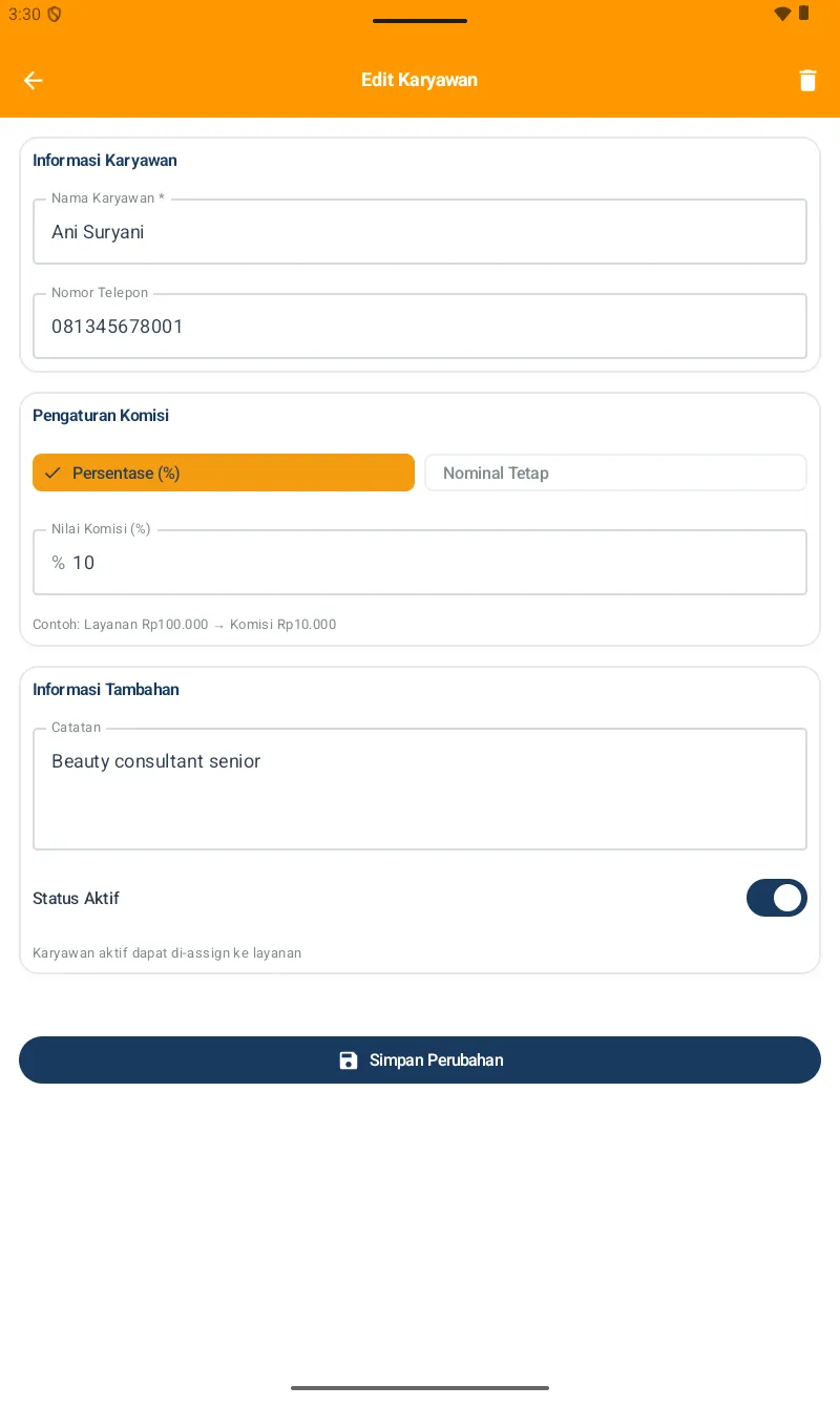 Form Edit Karyawan โ Informasi Karyawan (Nama, HP), Pengaturan Komisi (Persentase/Nominal Tetap, Nilai 10%), Informasi Tambahan (Catatan, Status Aktif)