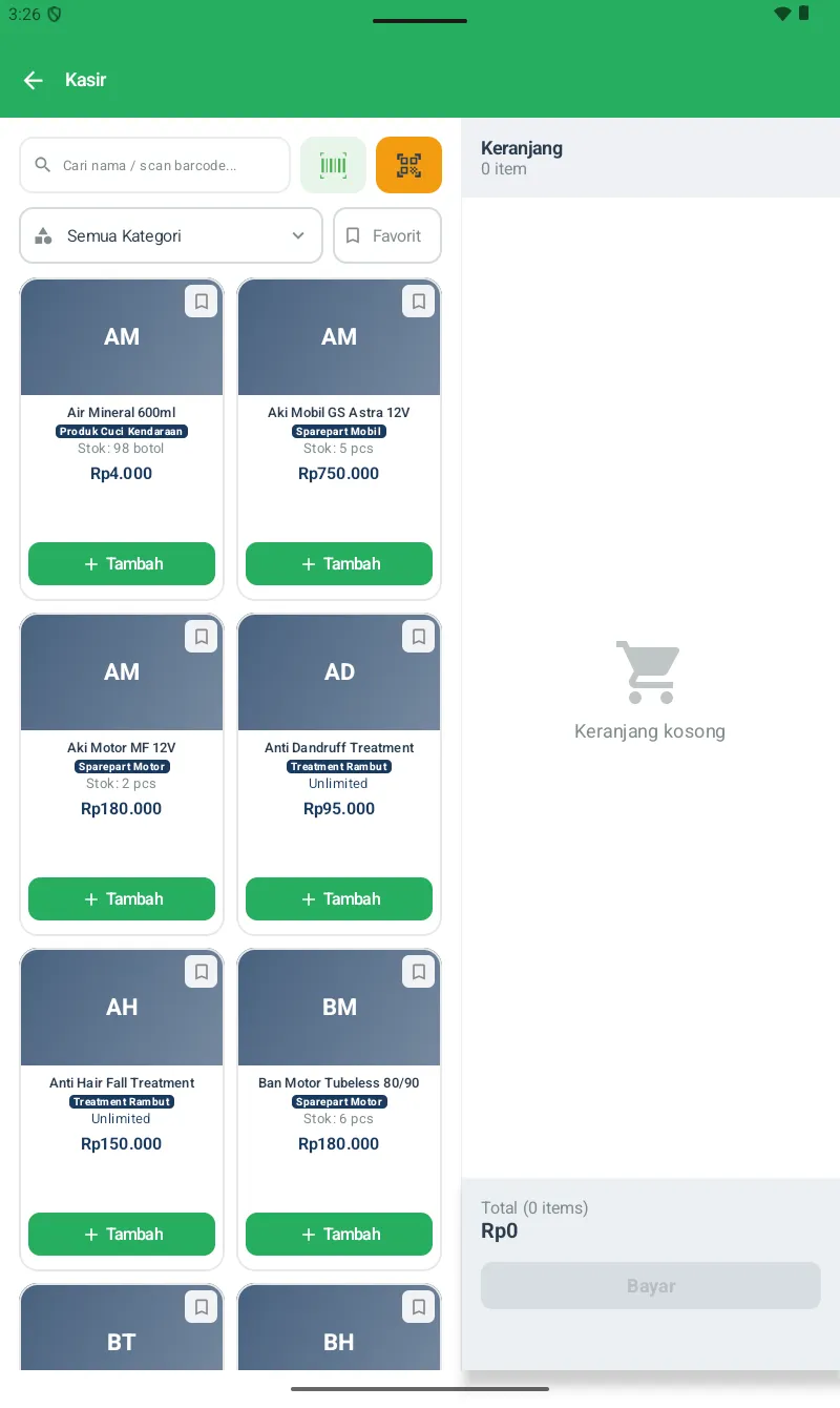 Halaman Kasir dengan search bar, filter kategori, grid produk di kiri, panel Keranjang di kanan