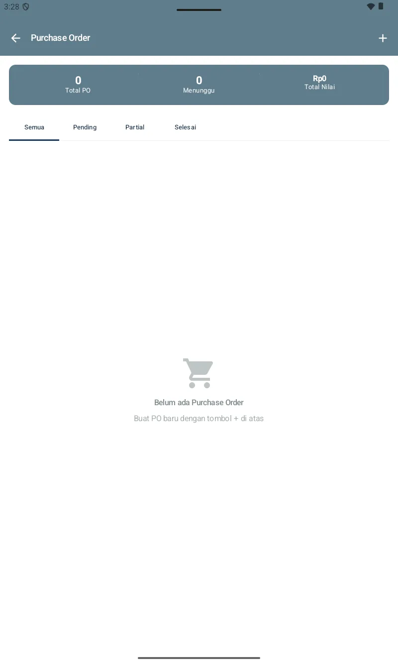 Halaman Pembelian / Purchase Order dengan tabs status & search