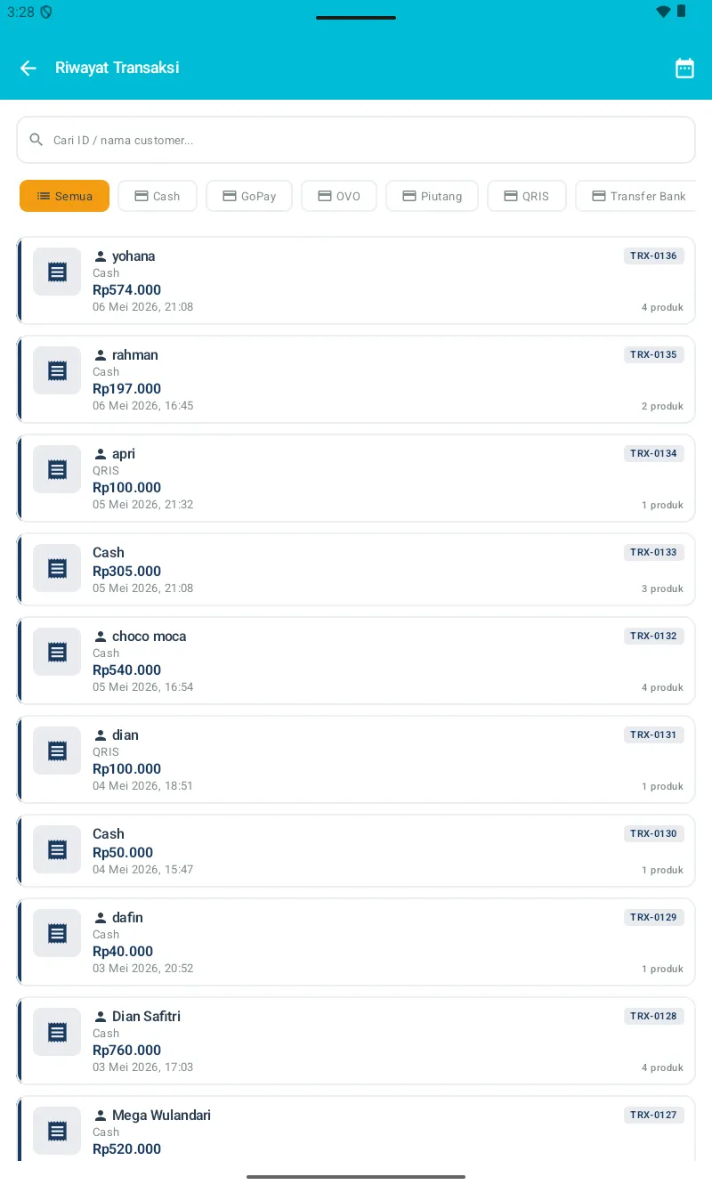 Halaman Riwayat Transaksi dengan filter tanggal & list transaksi