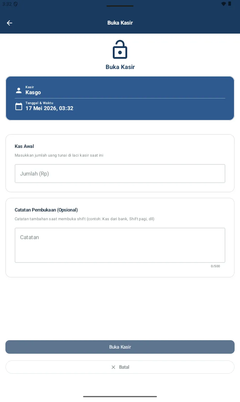 Halaman Buka Kasir dengan info Kasir/Tanggal & Waktu (auto-filled), Kas Awal input, Catatan Pembukaan, tombol Buka Kasir & Batal