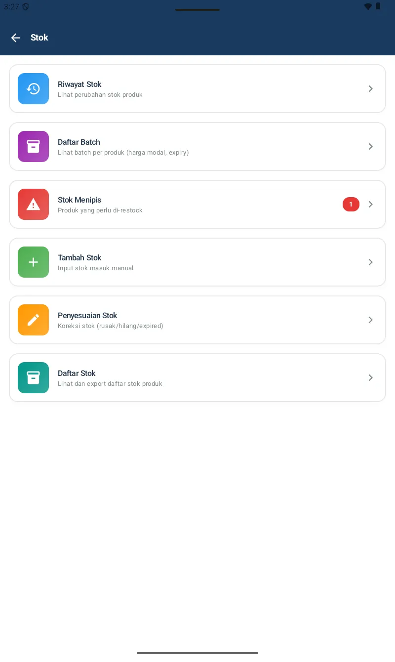 Hub Stok dengan sub-menu Tambah Stok, Penyesuaian, Stok Menipis, Daftar Batch, Riwayat Stok