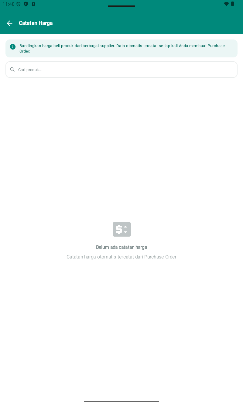 Halaman Catatan Harga — header teal/hijau, info banner: 'Bandingkan harga beli produk dari berbagai supplier. Data otomatis tercatat setiap kali Anda membuat Purchase Order.' Search bar 'Cari produk...'. Empty state: dollar icon + 'Belum ada catatan harga / Catatan harga otomatis tercatat dari Purchase Order'