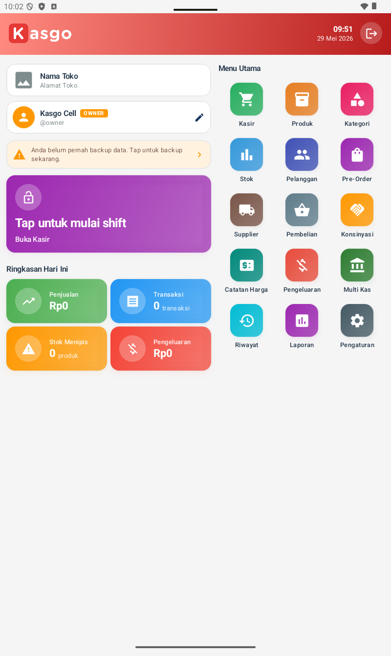 Beranda KasGo Cell — header merah, kolom kiri (info toko, banner backup, shift card ungu, ringkasan hari ini), kolom kanan (15 menu utama dalam grid 3 kolom × 5 baris)