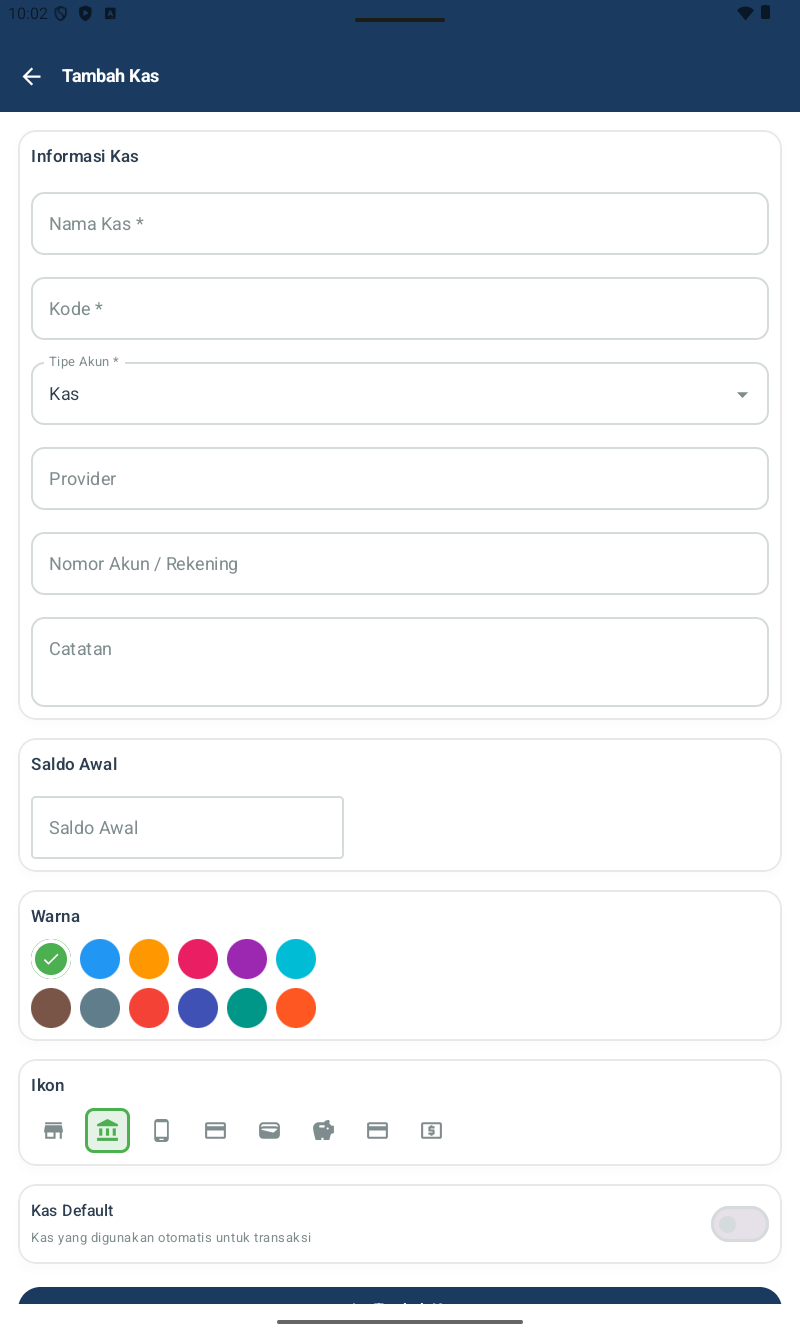 Form Tambah Kas — section Informasi Kas (Nama Kas required, Kode required, Tipe Akun dropdown default Kas, Provider opsional, Nomor Akun/Rekening, Catatan), section Saldo Awal, section Warna (12 pilihan), section Ikon (8 pilihan), toggle Kas Default 'Kas yang digunakan otomatis untuk transaksi'