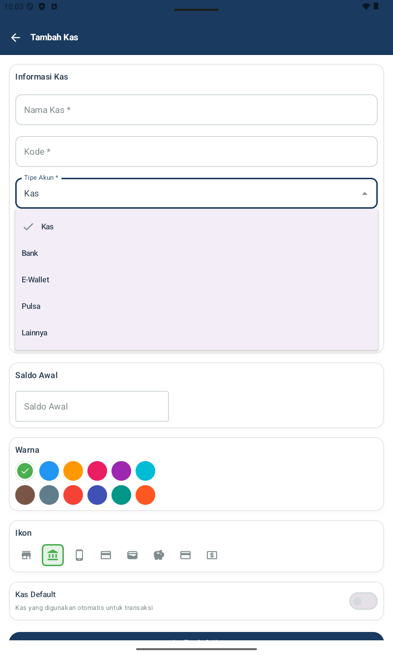 Dropdown Tipe Akun terbuka — menampilkan 5 opsi: Kas (selected with checkmark), Bank, E-Wallet, Pulsa, Lainnya