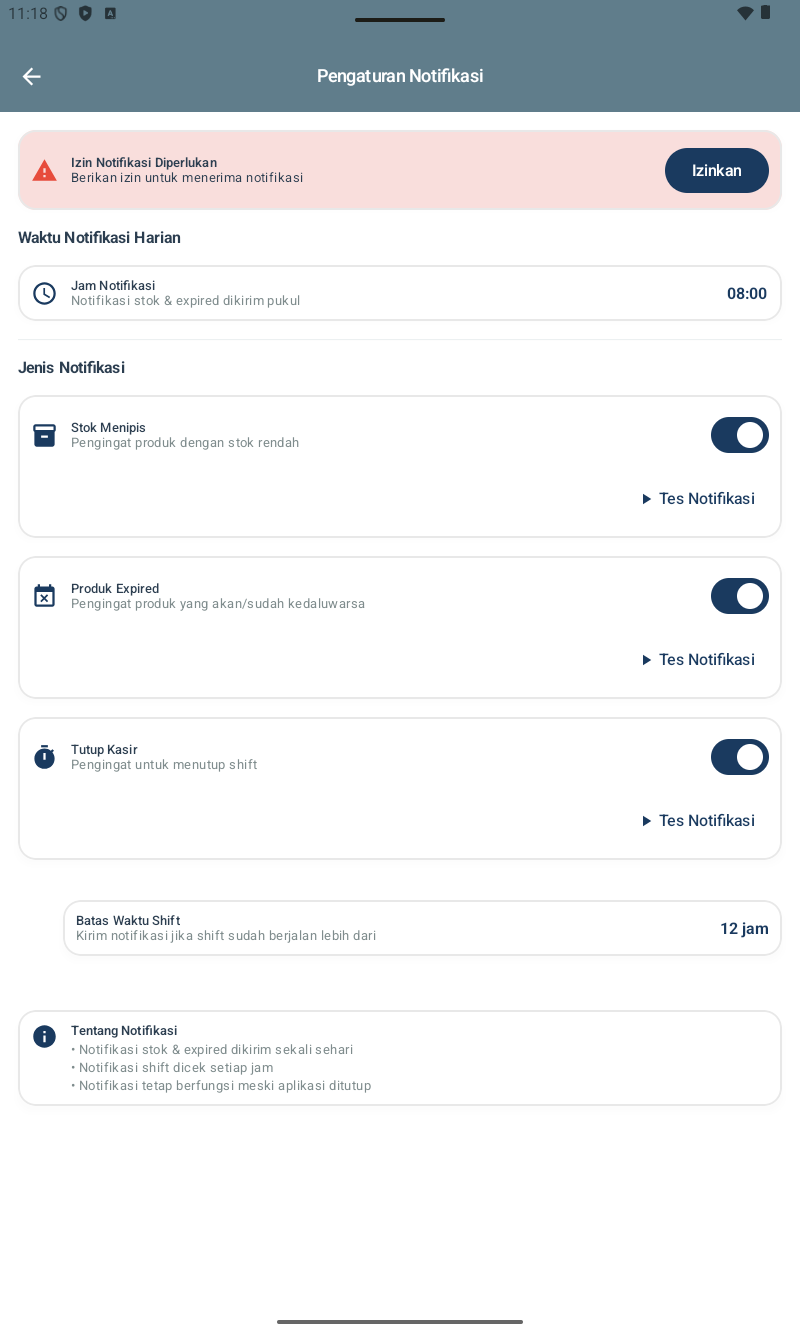 Halaman Pengaturan Notifikasi — banner peringatan merah 'Izin Notifikasi Diperlukan / Berikan izin untuk menerima notifikasi' dengan tombol Izinkan. Section Waktu Notifikasi Harian dengan Jam Notifikasi '08:00' (Notifikasi stok & expired dikirim pukul). Section Jenis Notifikasi (3 toggle): Stok Menipis (Pengingat produk dengan stok rendah, on, Tes Notifikasi), Produk Expired (Pengingat produk yang akan/sudah kedaluwarsa, on, Tes Notifikasi), Tutup Kasir (Pengingat untuk menutup shift, on, Tes Notifikasi). Card Batas Waktu Shift: 'Kirim notifikasi jika shift sudah berjalan lebih dari 12 jam'. Section Tentang Notifikasi (info): Notifikasi stok & expired dikirim sekali sehari, Notifikasi shift dicek setiap jam, Notifikasi tetap berfungsi meski aplikasi ditutup