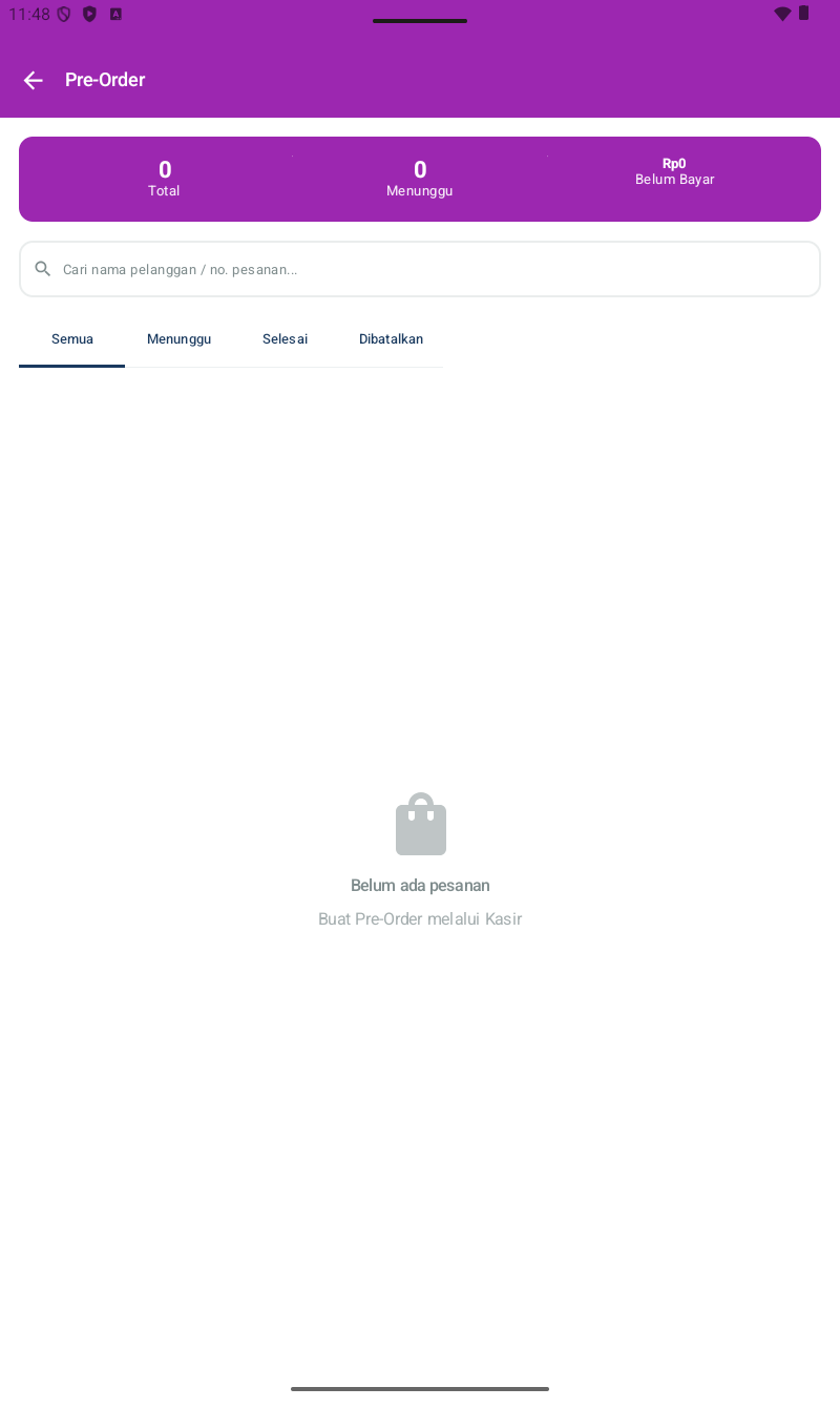 Halaman Pre-Order — header ungu, title 'Pre-Order', stat card: 0 Total | 0 Menunggu | Rp 0 Belum Bayar. Search bar 'Cari nama pelanggan / no. pesanan...'. Filter tabs: Semua (selected) | Menunggu | Selesai | Dibatalkan. Empty state: shopping bag icon + 'Belum ada pesanan / Buat Pre-Order melalui Kasir'