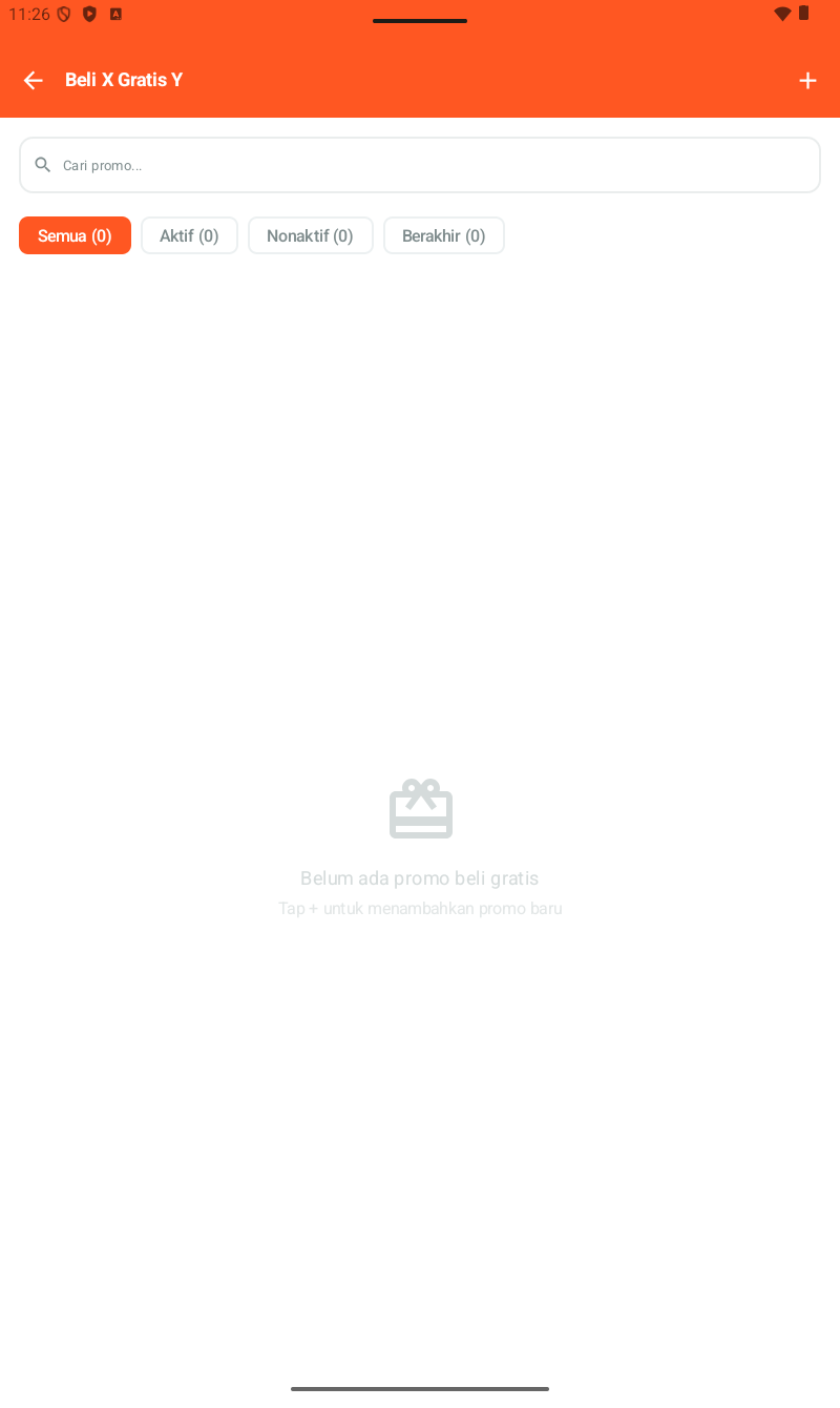 Halaman Beli X Gratis Y โ header oranye, search bar, filter tabs (Semua/Aktif/Nonaktif/Berakhir), empty state 'Belum ada promo beli gratis / Tap + untuk menambahkan promo baru' dengan icon gift