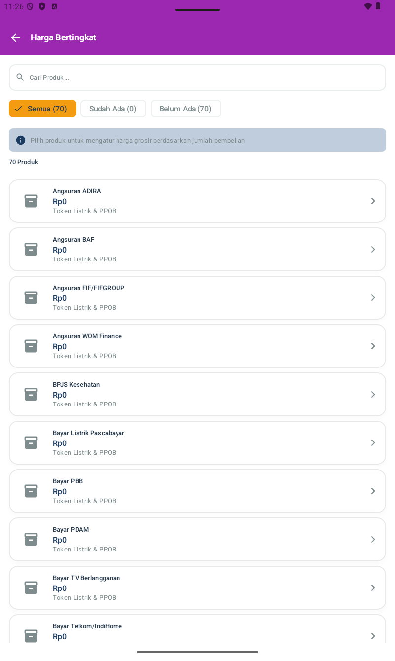 Halaman Harga Bertingkat โ header purple, search bar Cari Produk, tabs (Semua 70 selected, Sudah Ada 0, Belum Ada 70), info banner 'Pilih produk untuk mengatur harga grosir berdasarkan jumlah pembelian', label '70 Produk', list produk Angsuran ADIRA/BAF/FIF/WOM Finance/BPJS Kesehatan/Bayar Listrik/PBB/PDAM/TV/Telkom semua dengan Rp0 (default belum diset)
