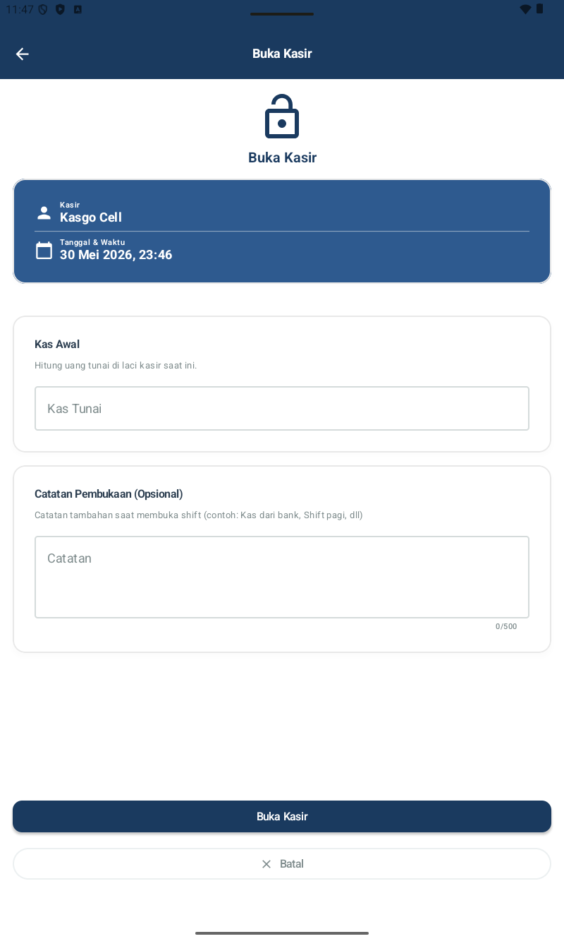 Form Buka Kasir — menampilkan nama kasir (Kasgo Cell), tanggal & waktu, section Kas Awal (kosong dengan warning belum ada kas tunai), section Catatan Pembukaan (opsional), tombol Buka Kasir di bawah