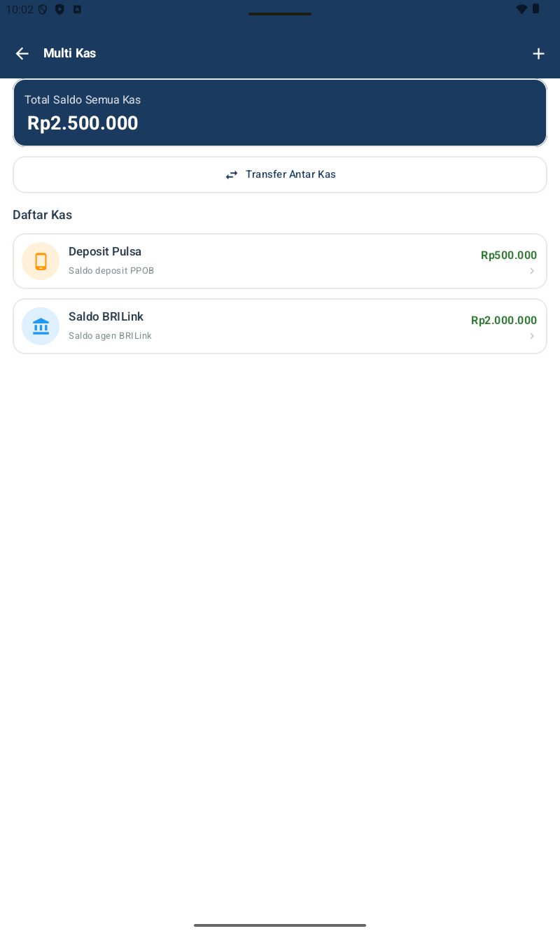 Multi Kas dengan 2 akun: Deposit Pulsa (Rp500.000) dan Saldo BRILink (Rp2.000.000). Belum ada Kas Tunai.