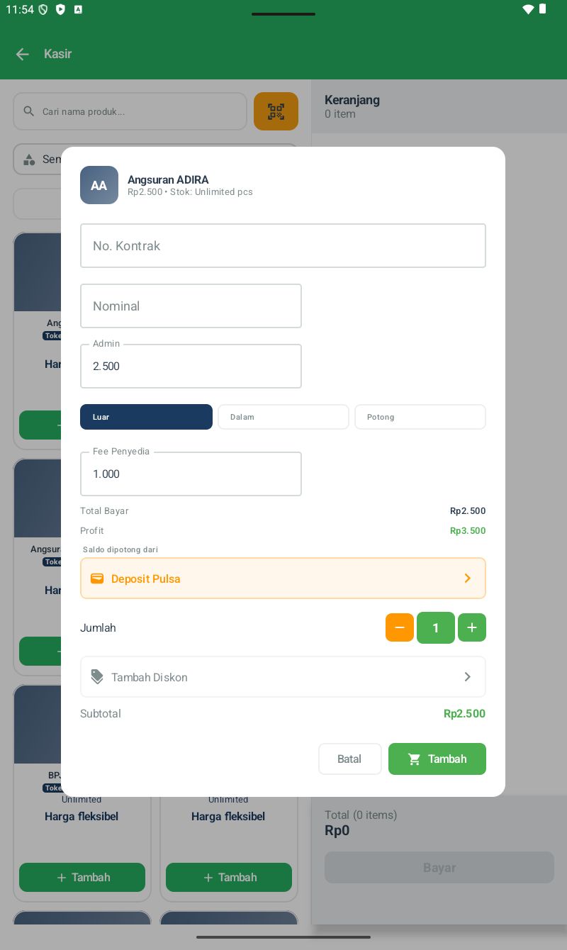 Dialog Tambah produk Angsuran ADIRA โ AA avatar + 'Angsuran ADIRA' + 'Rp 2.500 โข Stok: Unlimited pcs'. Field No. Kontrak (label referensi). Field Nominal. Field Admin (default 2.500) dengan toggle 3 mode: Luar selected | Dalam | Potong. Field Fee Penyedia (default 1.000). Total Bayar: Rp 2.500. Profit: Rp 3.500. Saldo dipotong dari: Deposit Pulsa. Jumlah dengan -/+. Tambah Diskon. Subtotal Rp 2.500. Batal + Tambah