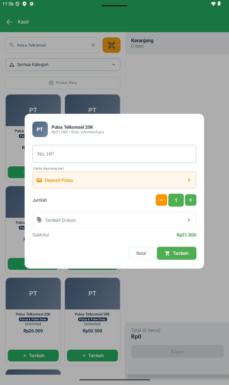 Dialog Tambah produk Pulsa Telkomsel 20K โ Header PT avatar + nama produk + 'Rp 21.000 โข Stok: Unlimited pcs'. Field No. HP. Section 'Saldo dipotong dari: Deposit Pulsa' (orange highlight, clickable). Section Jumlah dengan -/+ buttons (default 1). Tambah Diskon button. Subtotal Rp 21.000. Tombol Batal + Tambah (hijau)