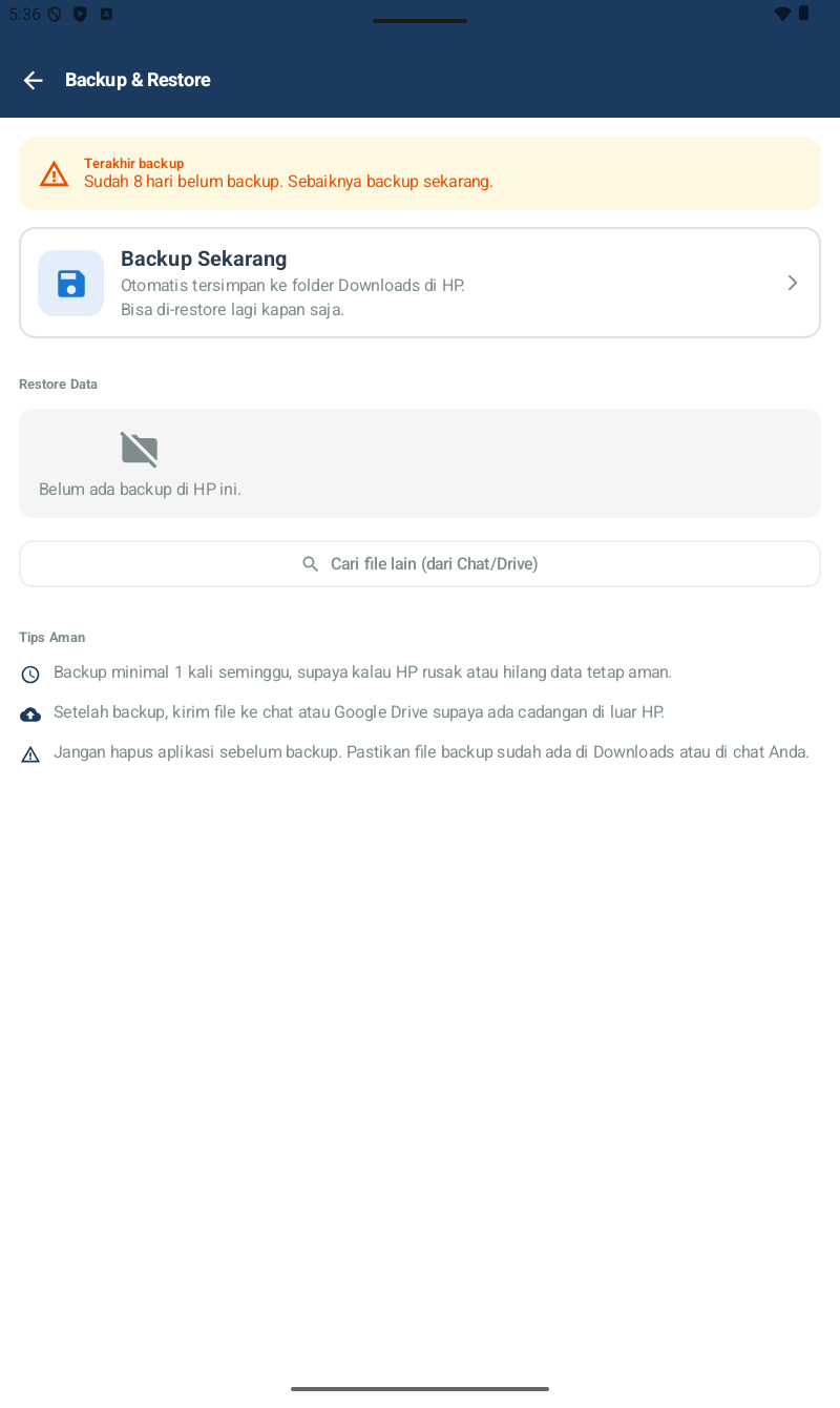 Halaman Backup & Restore FnB — banner status backup, card Backup Sekarang, section Restore Data, tombol Cari file lain, Tips Aman dengan 3 tips