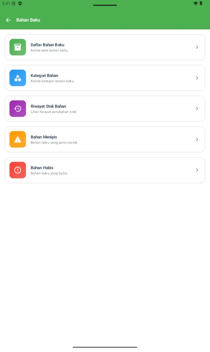 Hub Bahan Baku dengan 5 sub-menu: Daftar Bahan Baku, Kategori Bahan, Riwayat Stok Bahan, Bahan Menipis, Bahan Habis