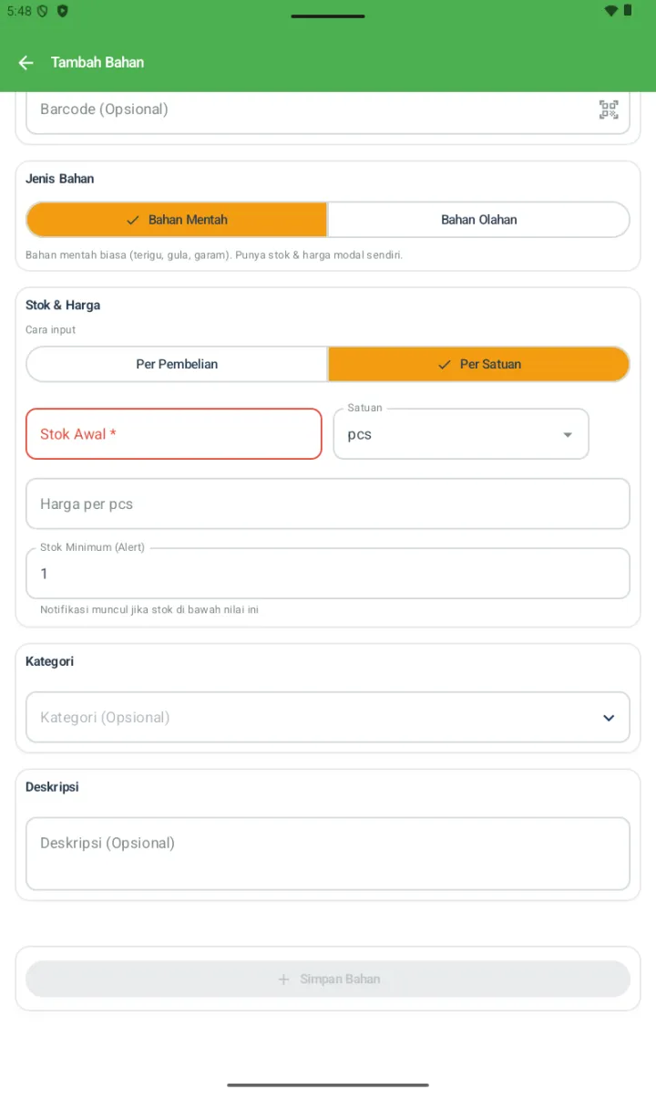 Form Bahan Mentah Per Satuan: Stok Awal + Satuan, Harga per pcs, Stok Minimum