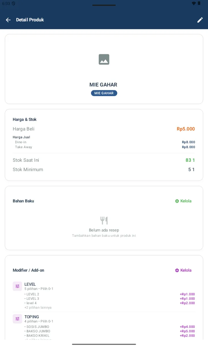 Detail Produk MIE GAHAR dengan section Bahan Baku menampilkan empty state dan tombol Kelola hijau, dan section Modifier/Add-on dengan Kelola ungu