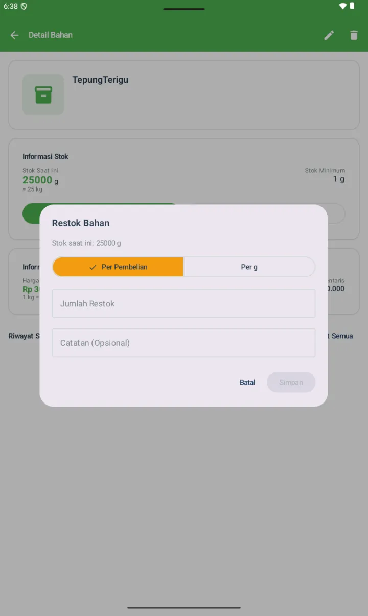 Dialog Restok Bahan dengan Stok saat ini 25000 g, toggle Per Pembelian / Per g, field Jumlah Restok, Catatan Opsional, tombol Batal dan Simpan