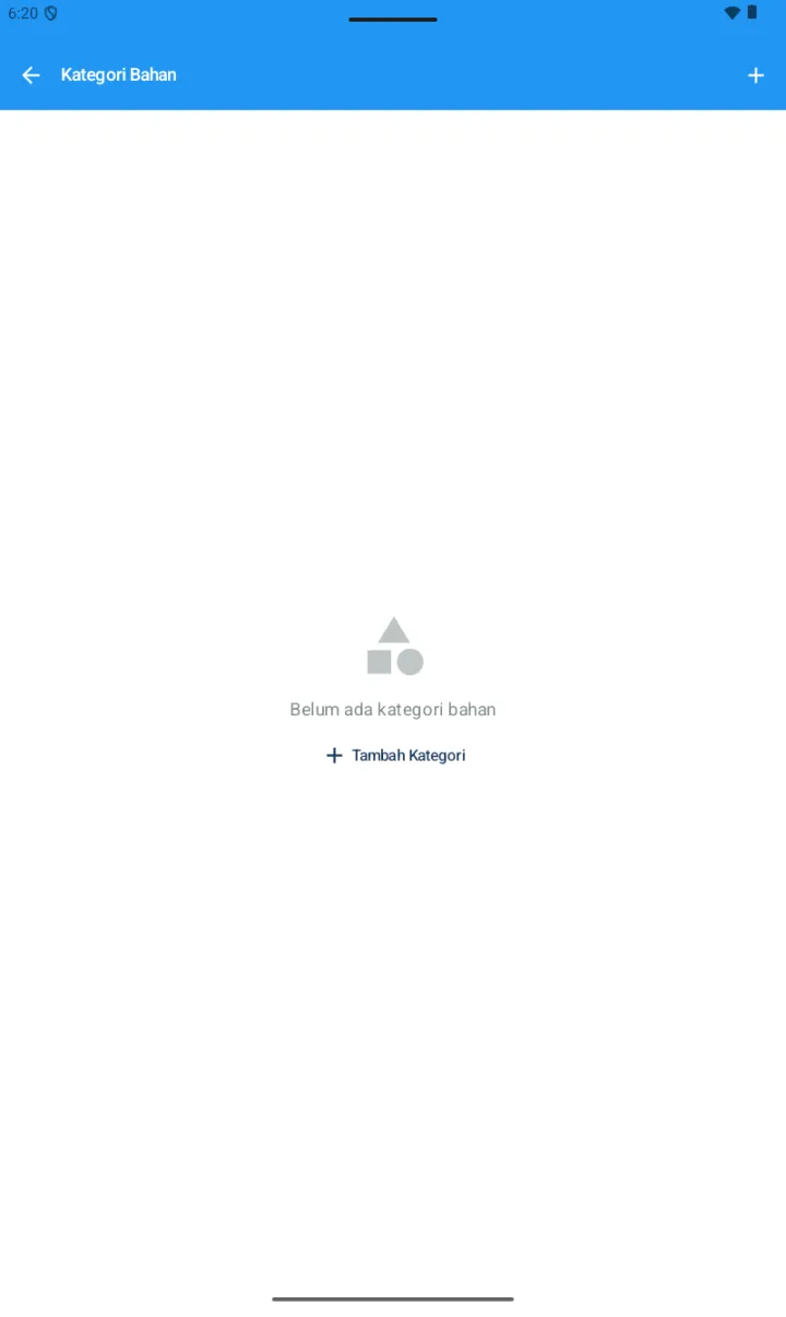 Halaman Kategori Bahan (header biru) dengan tombol + di header dan empty state Belum ada kategori bahan / + Tambah Kategori