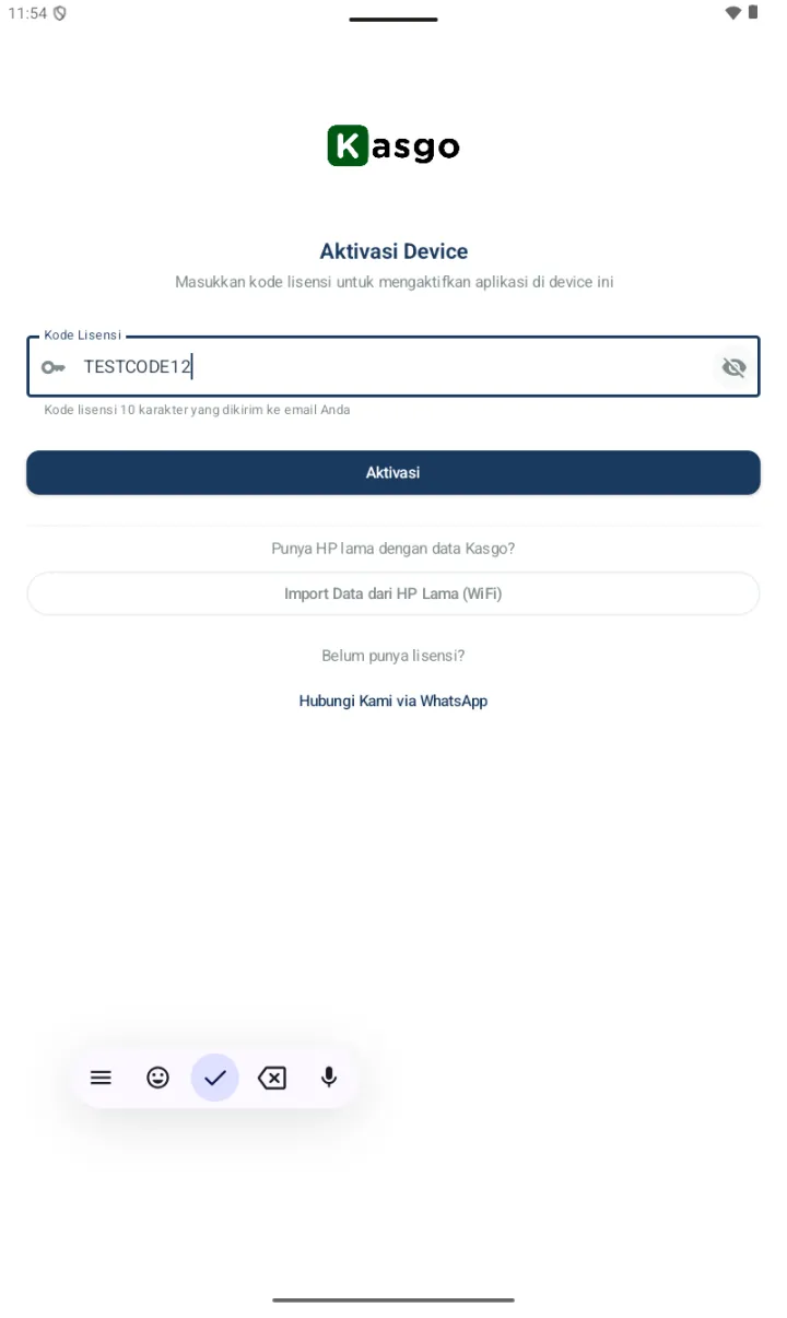 Halaman Aktivasi dengan kode TESTCODE12 visible setelah eye icon di-tap