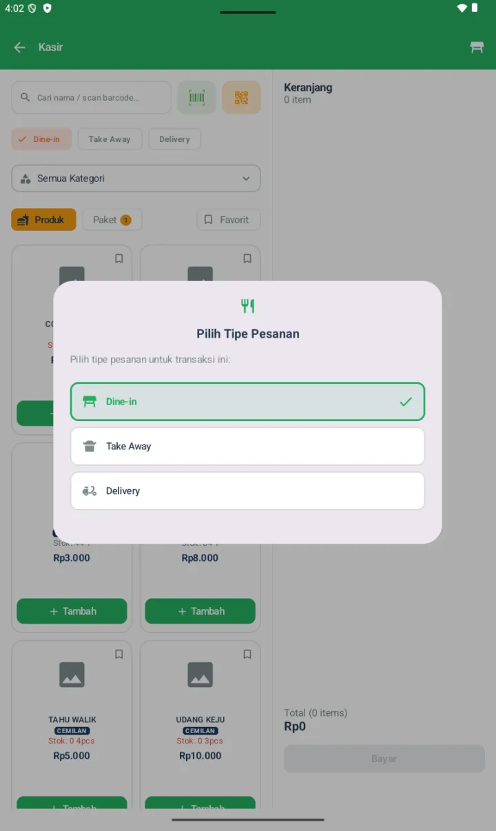 Dialog Pilih Tipe Pesanan dengan 3 opsi: Dine-in (icon kursi, default), Take Away (icon bungkus), Delivery (icon motor)