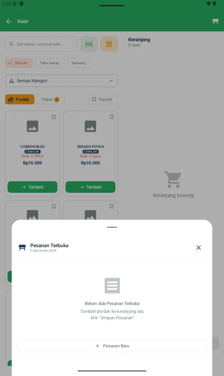 Bottom sheet Pesanan Terbuka dengan empty state Belum Ada Pesanan Terbuka dan tombol + Pesanan Baru