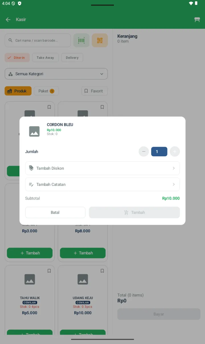 Dialog Tambah produk MIE GAHAR dengan field Add-on/Modifier, Tambah Diskon, Tambah Catatan