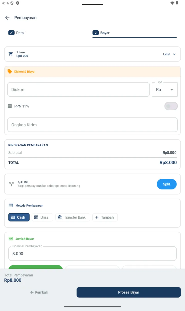 Step 2 Bayar: pilih metode pembayaran, input uang diterima, kembalian auto-hitung
