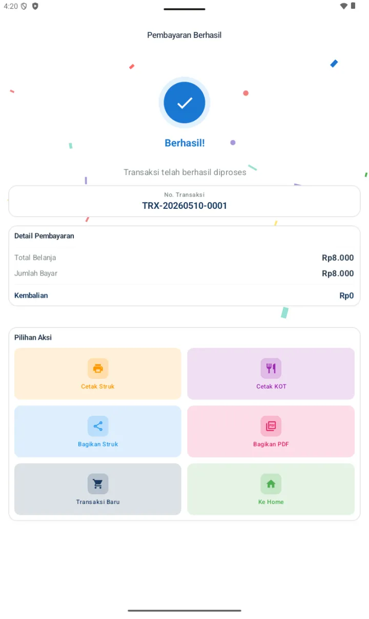Halaman Pembayaran Berhasil dengan No. Transaksi TRX, total, kembalian, 6 tombol aksi termasuk Cetak Struk dan Cetak KOT