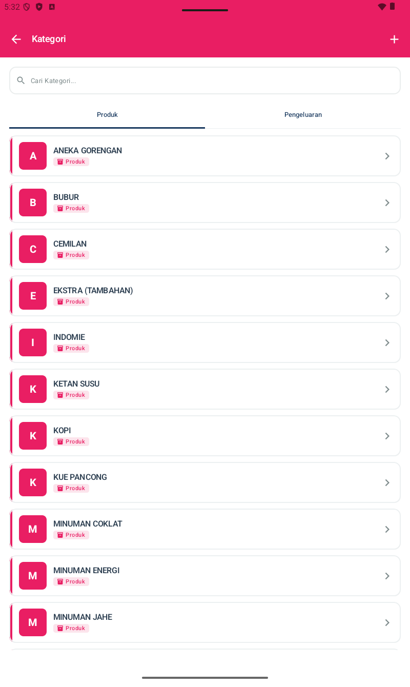 Halaman Kategori — list kategori dengan ikon + nama + jumlah menu di dalamnya, (+) di kanan atas, drag handle untuk reorder