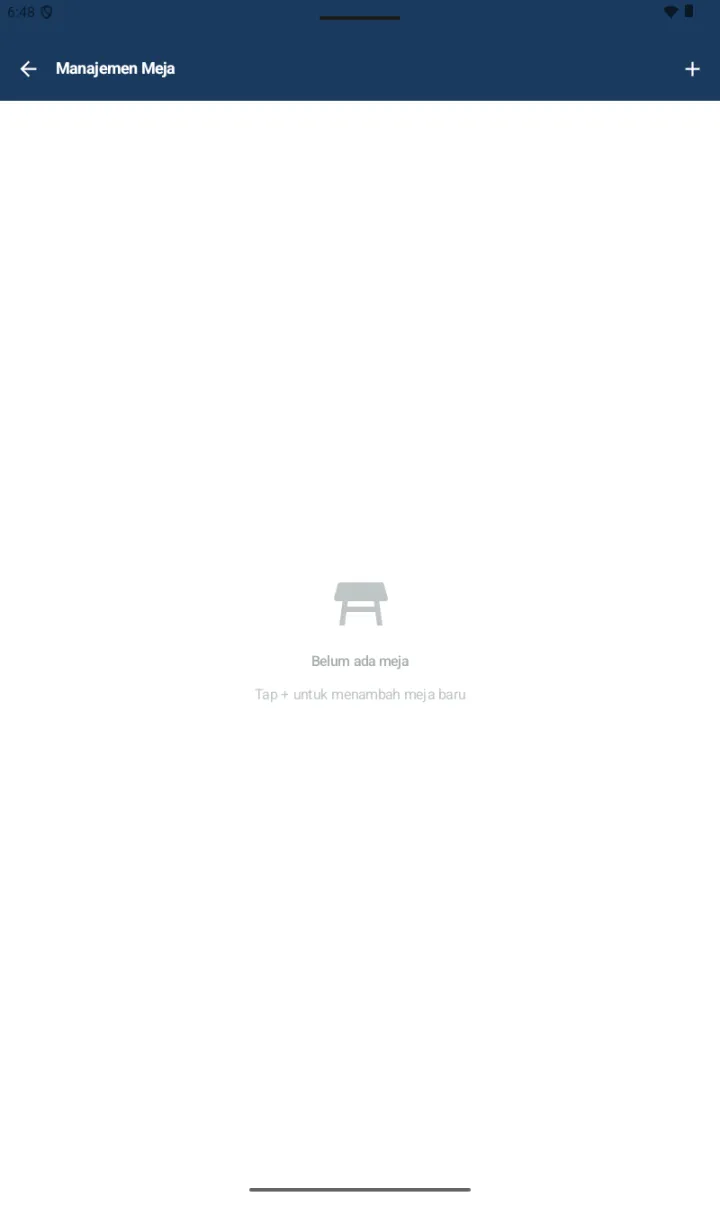 Halaman Manajemen Meja kosong dengan tombol + di header dan empty state Belum ada meja / Tap + untuk menambah meja baru
