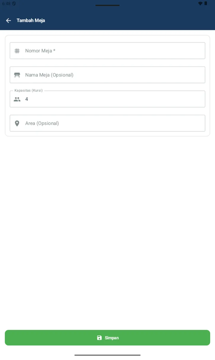 Form Tambah Meja dengan field Nomor Meja, Nama Meja Opsional, Kapasitas Kursi (4 default), Area Opsional, tombol Simpan hijau