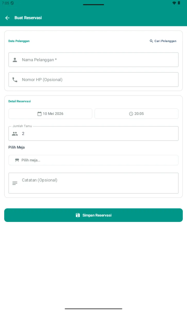 Form Buat Reservasi dengan section Data Pelanggan (Nama Pelanggan, Nomor HP, link Cari Pelanggan) dan Detail Reservasi (Tanggal, Jam, Jumlah Tamu 2, Pilih Meja, Catatan)