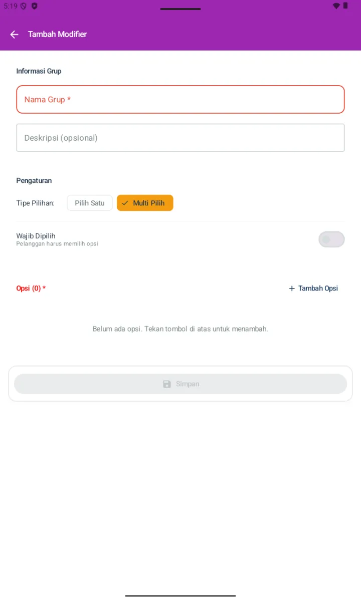 Form Tambah Modifier dengan Tipe Pilihan Multi Pilih