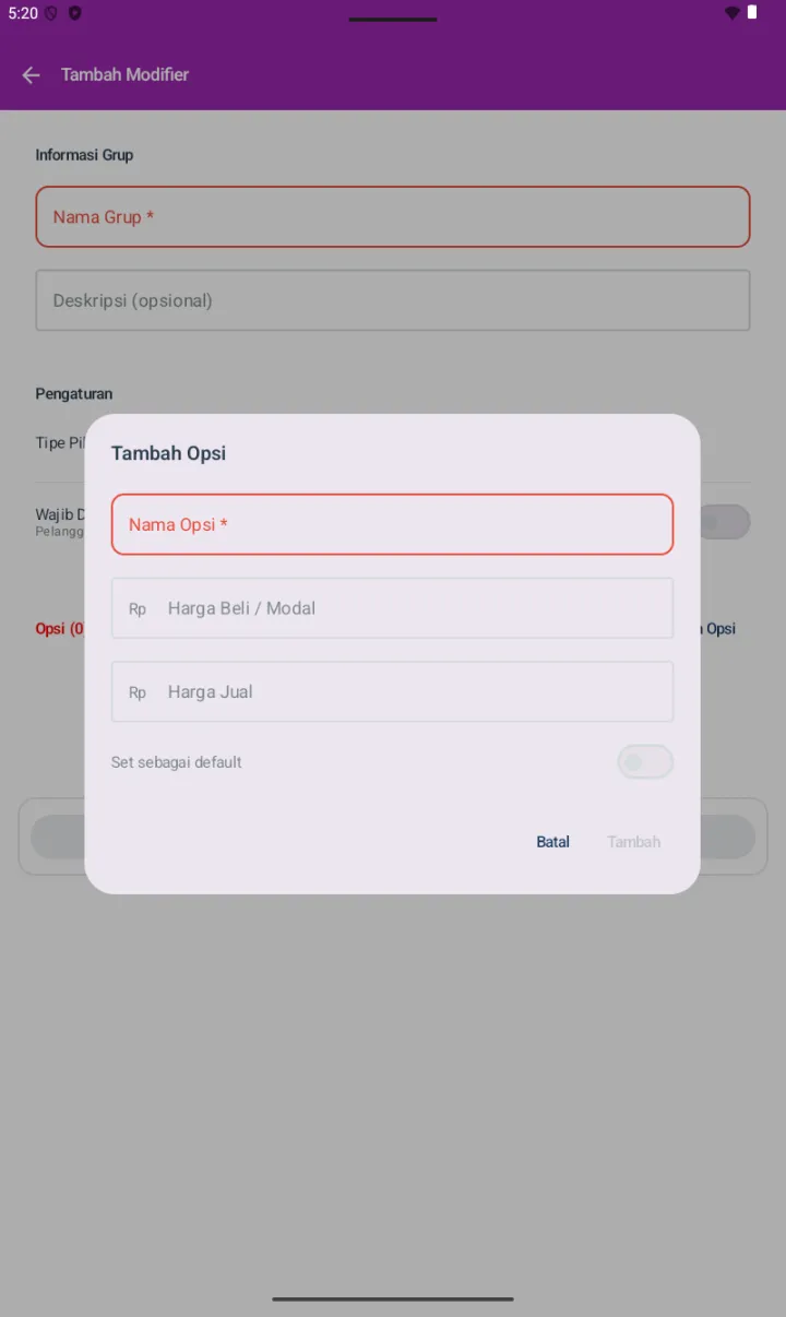 Dialog Tambah Opsi dengan field Nama Opsi, Harga Beli/Modal (Rp), Harga Jual (Rp), toggle Set sebagai default