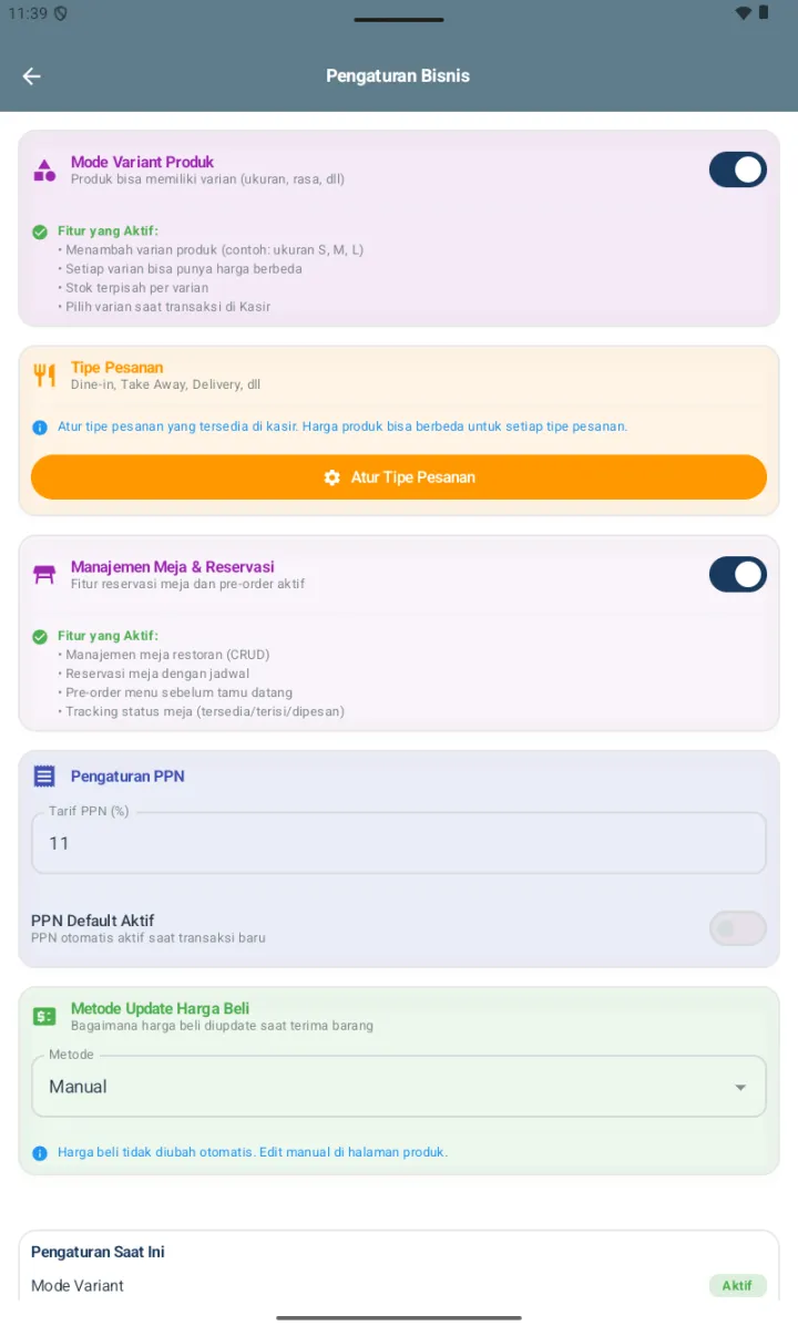 Pengaturan Bisnis dengan toggle Mode Variant Produk ON, Tipe Pesanan dengan tombol Atur Tipe Pesanan, Manajemen Meja & Reservasi toggle ON, Pengaturan PPN dengan Tarif PPN 11 dan toggle PPN Default Aktif OFF, Metode Update Harga Beli dropdown Manual